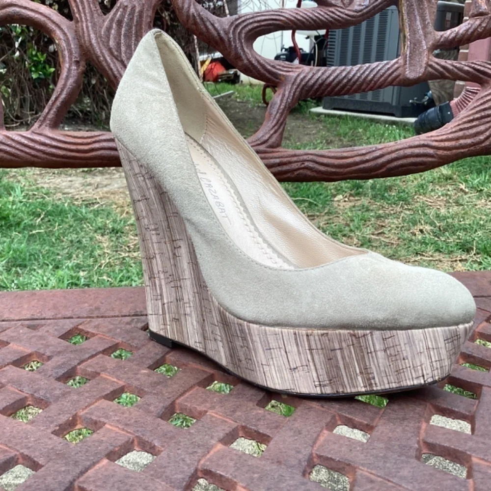 Jean Michel Cazabat Tabia Taupe Suede Leather Painted Wedge Heels Size 38
